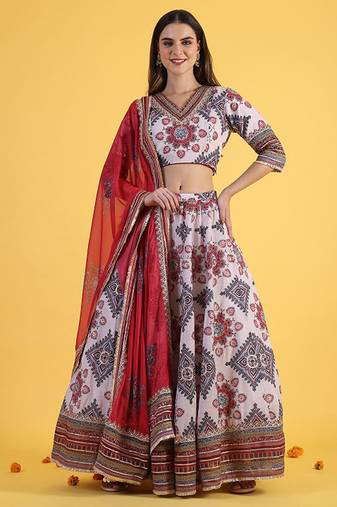 Embroidered Sequinned Ready To Wear Lehenga & Blouse With Dupatta Free Size Upto 42