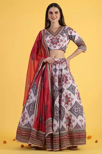 Embroidered Sequinned Ready To Wear Lehenga & Blouse With Dupatta Free Size Upto 42