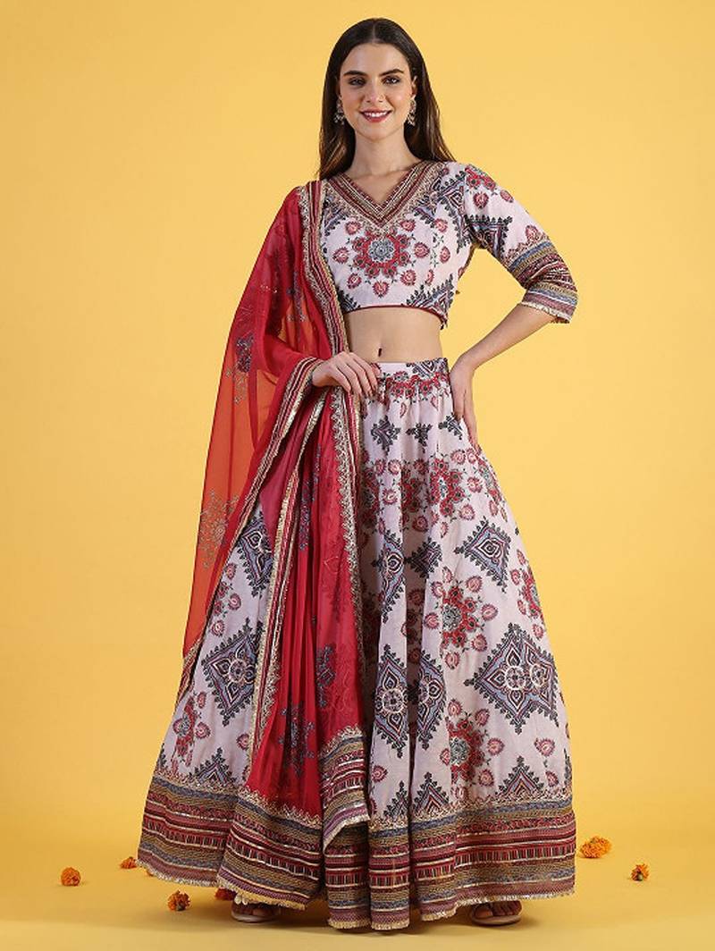 Embroidered Sequinned Ready To Wear Lehenga & Blouse With Dupatta Free Size Upto 42
