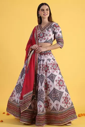Embroidered Sequinned Ready To Wear Lehenga & Blouse With Dupatta Free Size Upto 42