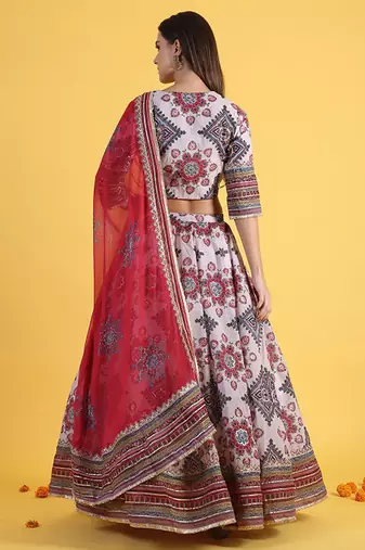 Embroidered Sequinned Ready To Wear Lehenga & Blouse With Dupatta Free Size Upto 42