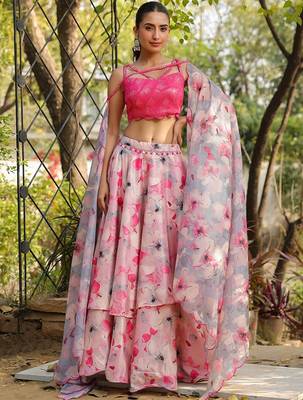 Floral Printed Sequinned Ready To Wear Lehenga & Blouse With Dupatta Free Size Upto 42 1