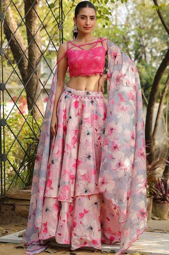 Floral Printed Sequinned Ready To Wear Lehenga & Blouse With Dupatta Free Size Upto 42