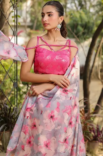 Floral Printed Sequinned Ready To Wear Lehenga & Blouse With Dupatta Free Size Upto 42