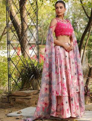Floral Printed Sequinned Ready To Wear Lehenga & Blouse With Dupatta Free Size Upto 42 3
