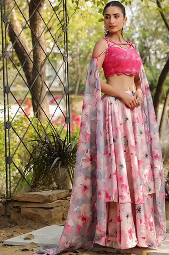 Floral Printed Sequinned Ready To Wear Lehenga & Blouse With Dupatta Free Size Upto 42