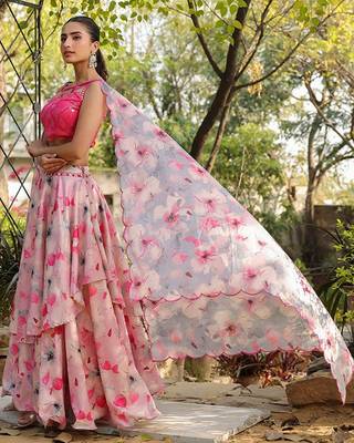 Floral Printed Sequinned Ready To Wear Lehenga & Blouse With Dupatta Free Size Upto 42 4