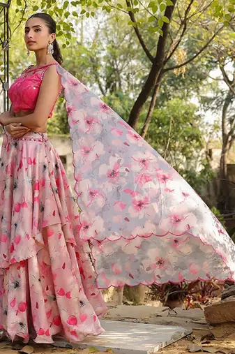 Floral Printed Sequinned Ready To Wear Lehenga & Blouse With Dupatta Free Size Upto 42