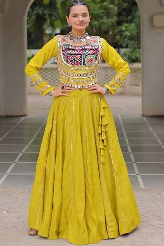 Embellished Mirror Work Ready To Wear Lehenga & Free Size Upto 42