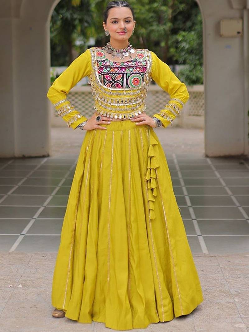 Embellished Mirror Work Ready To Wear Lehenga & Free Size Upto 42