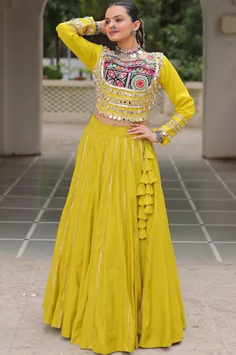 Embellished Mirror Work Ready To Wear Lehenga & Free Size Upto 42