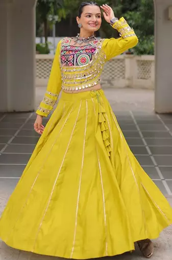 Embellished Mirror Work Ready To Wear Lehenga & Free Size Upto 42