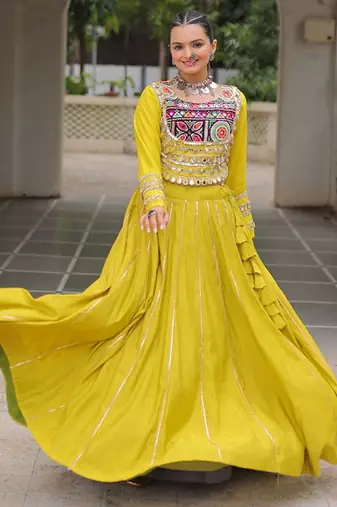 Embellished Mirror Work Ready To Wear Lehenga & Free Size Upto 42
