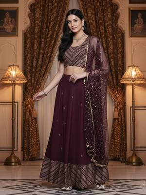 Purple & Gold-Toned Printed Sequinned Foil Print Ready To Wear Lehenga & Blouse With Dupatta Free Size Upto 42 1