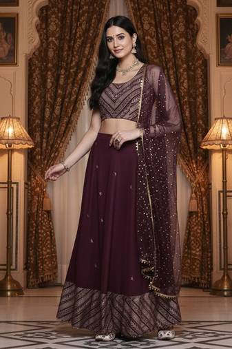 Purple & Gold-Toned Printed Sequinned Foil Print Ready To Wear Lehenga & Blouse With Dupatta Free Size Upto 42