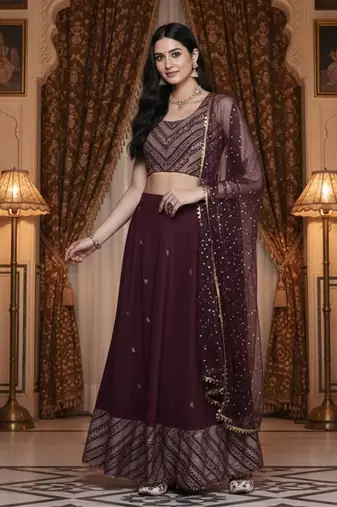 Purple & Gold-Toned Printed Sequinned Foil Print Ready To Wear Lehenga & Blouse With Dupatta Free Size Upto 42