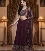 Purple & Gold-Toned Printed Sequinned Foil Print Ready To Wear Lehenga & Blouse With Dupatta Free Size Upto 42