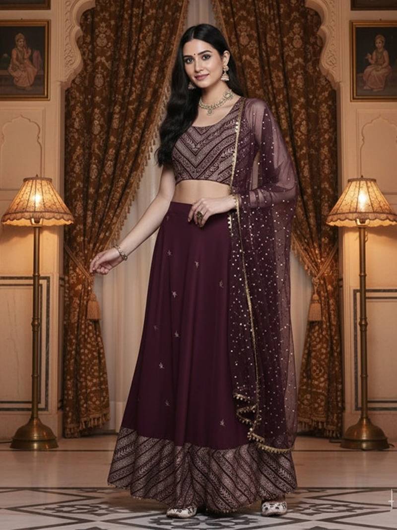 Purple & Gold-Toned Printed Sequinned Foil Print Ready To Wear Lehenga & Blouse With Dupatta Free Size Upto 42
