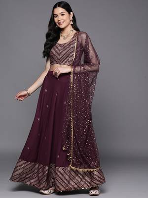 Purple & Gold-Toned Printed Sequinned Foil Print Ready To Wear Lehenga & Blouse With Dupatta Free Size Upto 42 2