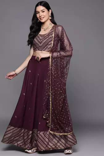Purple & Gold-Toned Printed Sequinned Foil Print Ready To Wear Lehenga & Blouse With Dupatta Free Size Upto 42