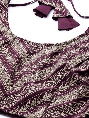 Purple & Gold-Toned Printed Sequinned Foil Print Ready To Wear Lehenga & Blouse With Dupatta Free Size Upto 42 3