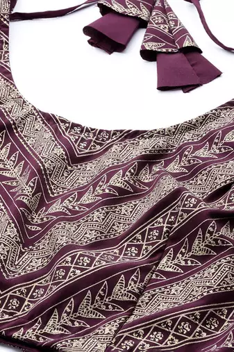 Purple & Gold-Toned Printed Sequinned Foil Print Ready To Wear Lehenga & Blouse With Dupatta Free Size Upto 42