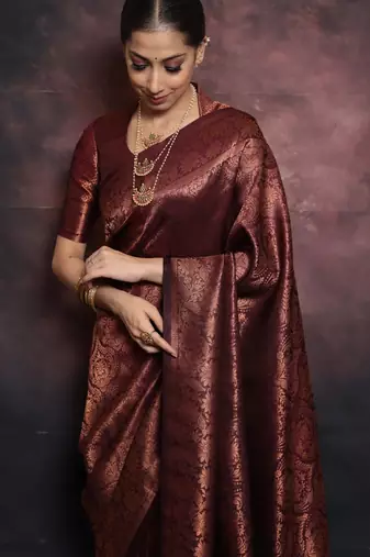 maroon soft art silk banarasi jacuard work designer party wear saree with unstitched blouse piece