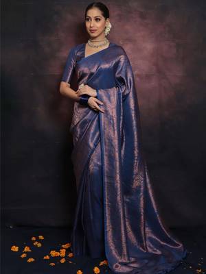 blue silk blend banarasi saree with unstitched blouse piece 7