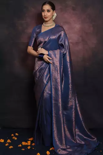 blue soft art silk banarasi jacuard work designer party wear saree with unstitched blouse piece