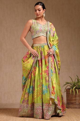 Floral Embroidered Sequinned Ready To Wear Chinon Lehenga & Blouse With Dupatta Free Size Upto 42