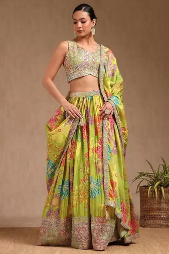 Floral Embroidered Sequinned Ready To Wear Chinon Lehenga & Blouse With Dupatta Free Size Upto 42