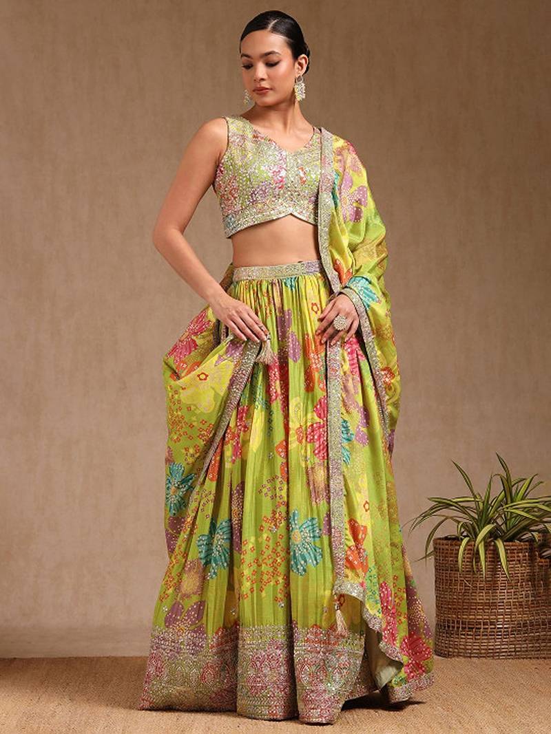 Floral Embroidered Sequinned Ready To Wear Chinon Lehenga & Blouse With Dupatta Free Size Upto 42