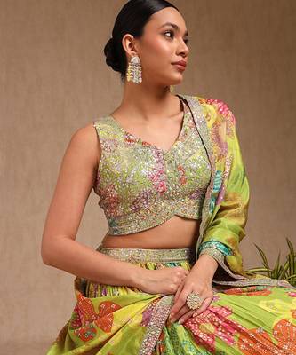 Floral Embroidered Sequinned Ready To Wear Chinon Lehenga & Blouse With Dupatta Free Size Upto 42 2