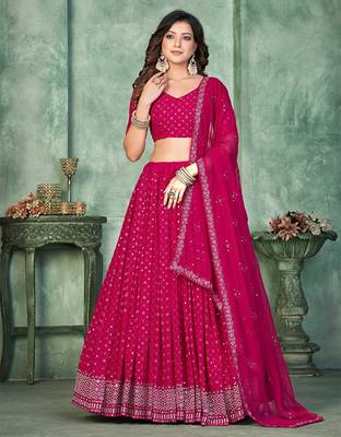 Woven Design Sequinned Semi-Stitched Lehenga & Unstitched Blouse With Dupatta Free Size Upto 42 1
