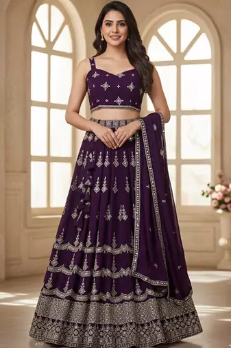 Embroidered Silk Georgette Semi-Stitched Lehenga & Unstitched Blouse With Dupatta Free Size Upto 42