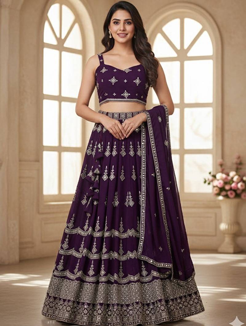 Embroidered Silk Georgette Semi-Stitched Lehenga & Unstitched Blouse With Dupatta Free Size Upto 42