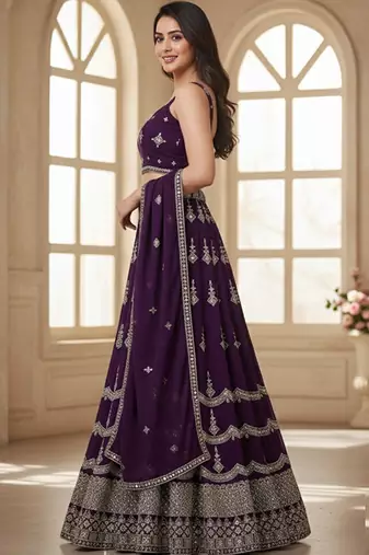 Embroidered Silk Georgette Semi-Stitched Lehenga & Unstitched Blouse With Dupatta Free Size Upto 42