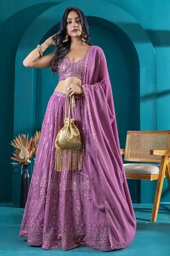 Embroidered Sequinned Semi-Stitched Lehenga & Unstitched Choli With Dupatta Free Size Upto 42