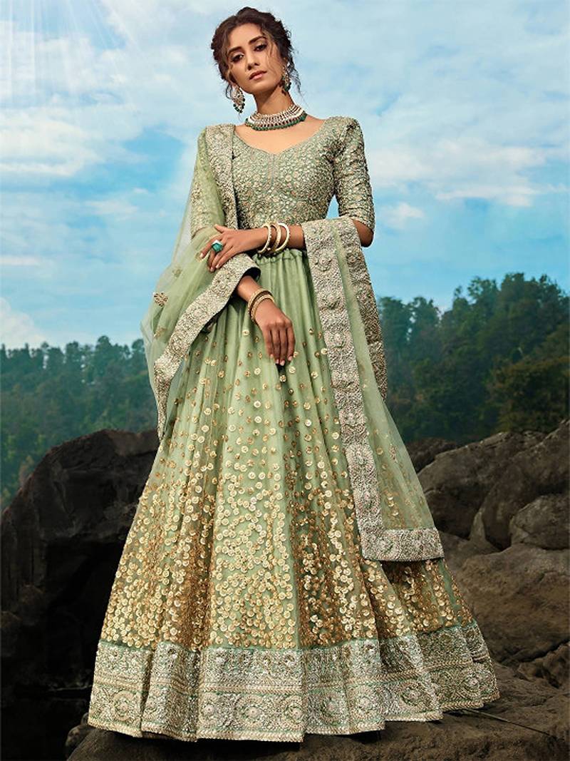 Embroidered Net Semi-Stitched Lehenga & Unstitched Blouse With Dupatta Free Size Upto 42