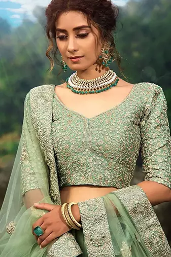 Embroidered Net Semi-Stitched Lehenga & Unstitched Blouse With Dupatta Free Size Upto 42