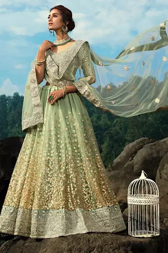Embroidered Net Semi-Stitched Lehenga & Unstitched Blouse With Dupatta Free Size Upto 42