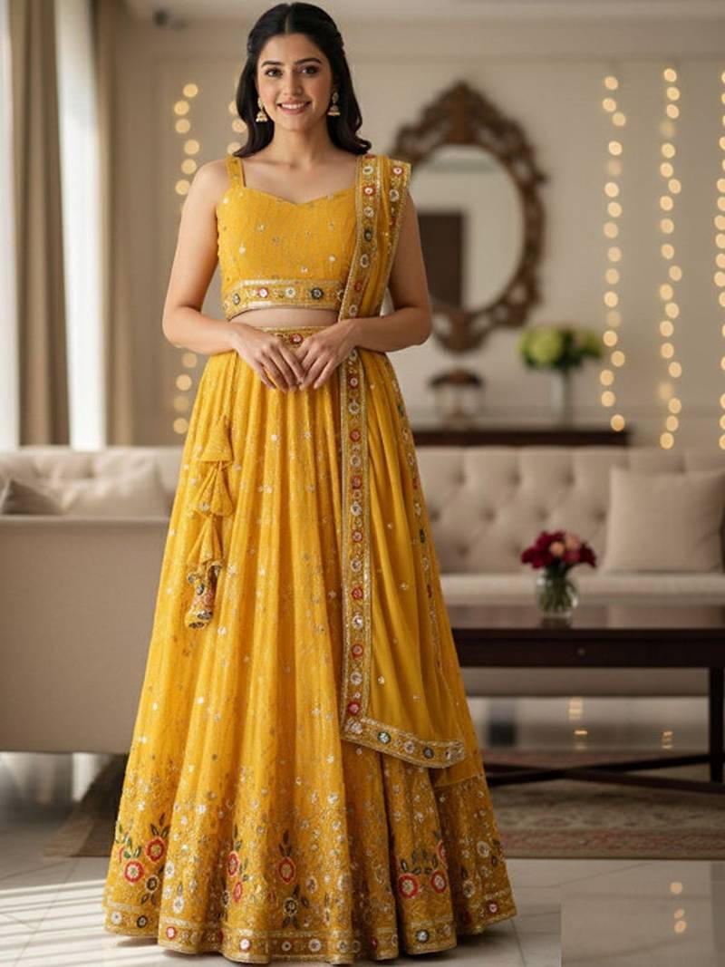 Embellished Sequinned Semi-Stitched Lehenga & Unstitched Blouse With Dupatta Free Size Upto 42