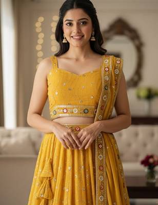 Embellished Sequinned Semi-Stitched Lehenga & Unstitched Blouse With Dupatta Free Size Upto 42 2
