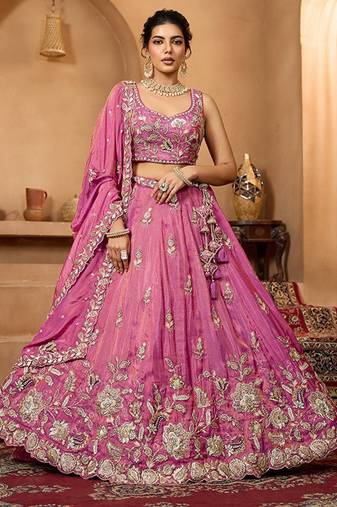 Embroidered Sequinned Semi-Stitched Tissue Lehenga & Blouse With Dupatta Free Size Upto 42