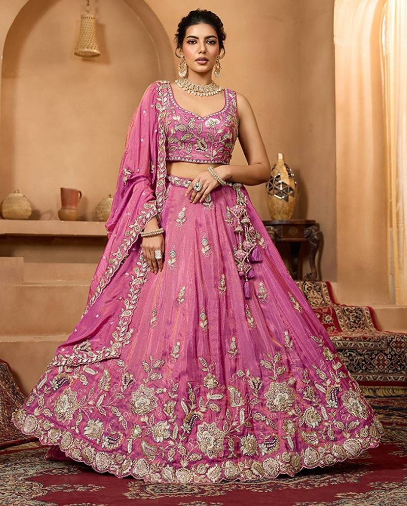 Embroidered Sequinned Semi-Stitched Tissue Lehenga & Blouse With Dupatta Free Size Upto 42