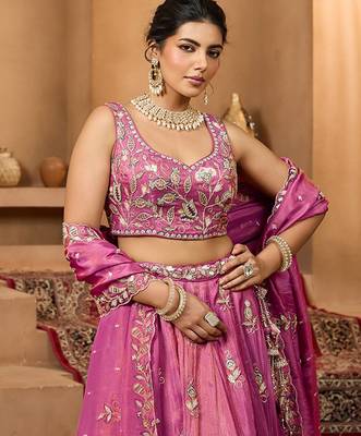 Embroidered Sequinned Semi-Stitched Tissue Lehenga & Blouse With Dupatta Free Size Upto 42 2