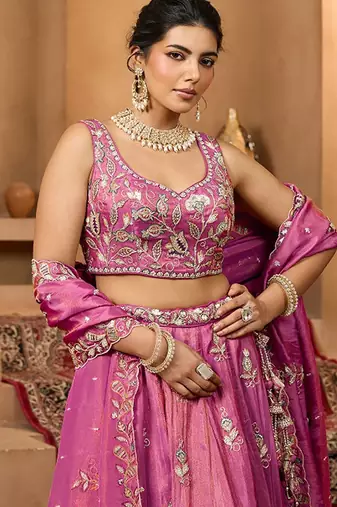 Embroidered Sequinned Semi-Stitched Tissue Lehenga & Blouse With Dupatta Free Size Upto 42