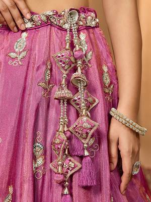 Embroidered Sequinned Semi-Stitched Tissue Lehenga & Blouse With Dupatta Free Size Upto 42 3