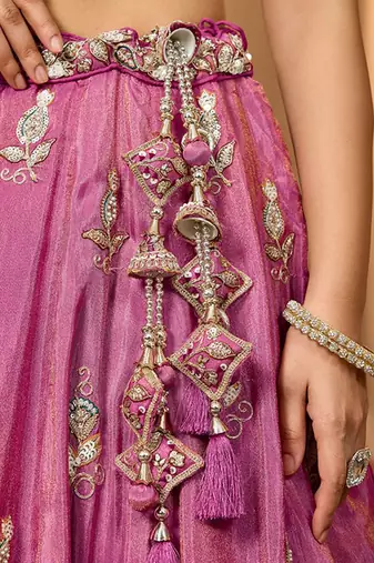 Embroidered Sequinned Semi-Stitched Tissue Lehenga & Blouse With Dupatta Free Size Upto 42