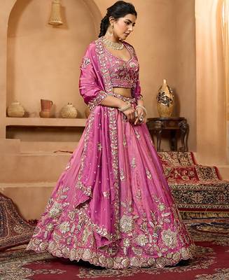 Embroidered Sequinned Semi-Stitched Tissue Lehenga & Blouse With Dupatta Free Size Upto 42 4